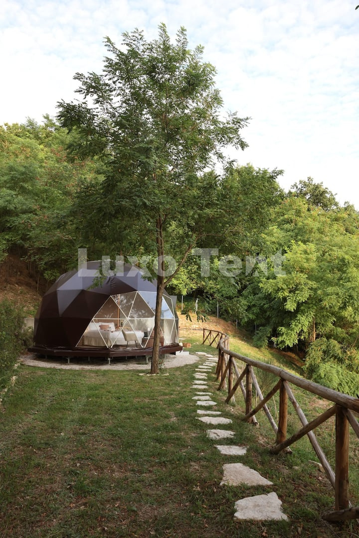 black geodesic dome tent